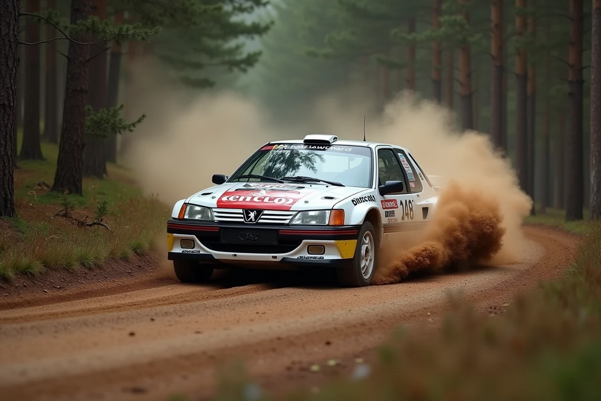 Peugeot 306 Maxi en pleine action sur une spéciale forestière de rallye historique avec envol de graviers