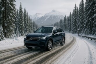 Voiture moderne sur route enneigée avec équipements de sécurité visibles