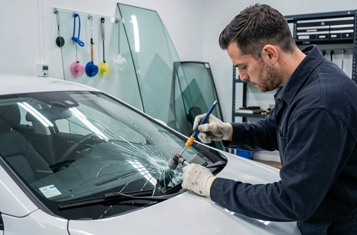 Technicien appliquant de la résine sur un pare-brise fissuré lors d'une réparation vitrage chez A+Glass à Pau
