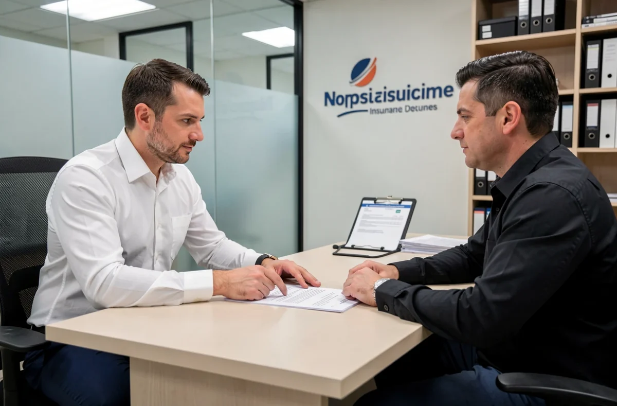 Agent d'assurance expliquant un contrat scooter à un client dans une agence