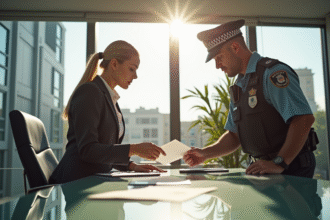 Agent d'assurance français remettant des documents à un policier dans un bureau lumineux