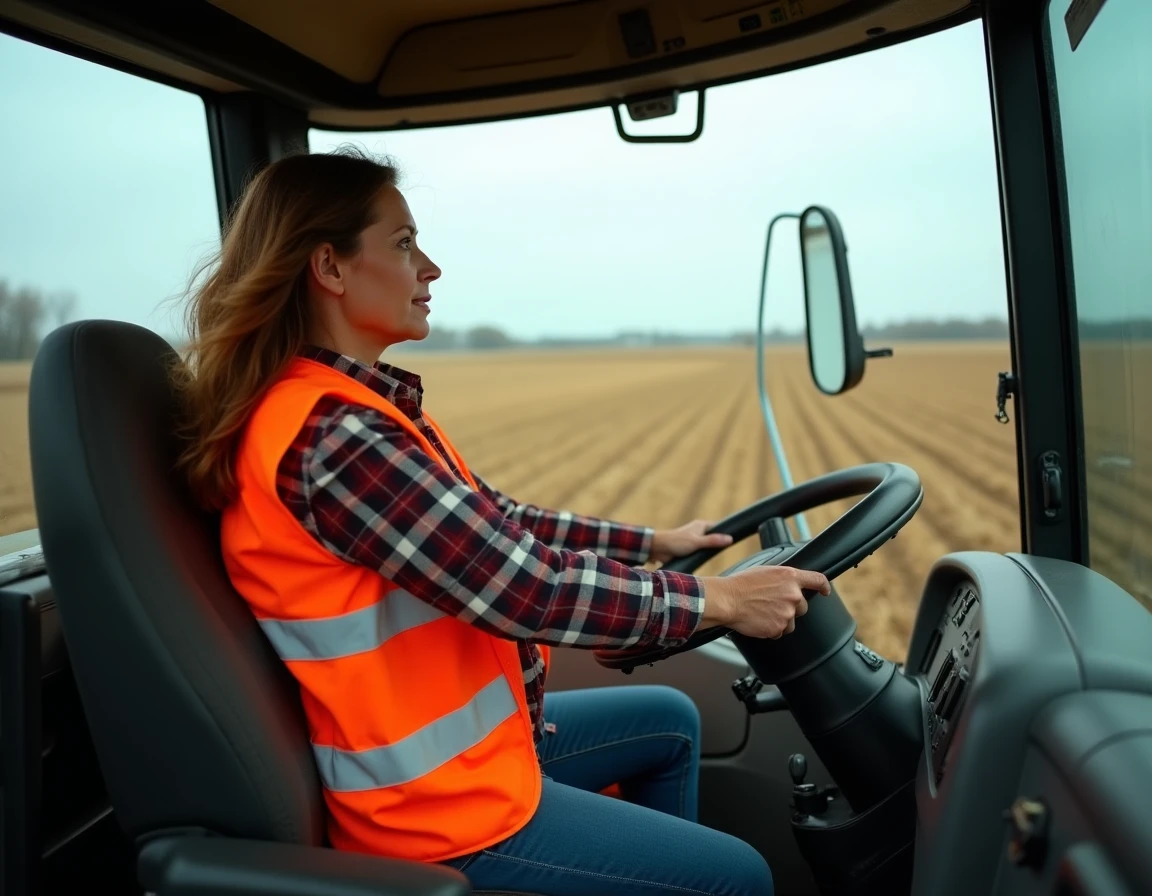 Agricultrice au volant d'un tracteur équipé d'un siège suspendu mécanique réglable en cabine