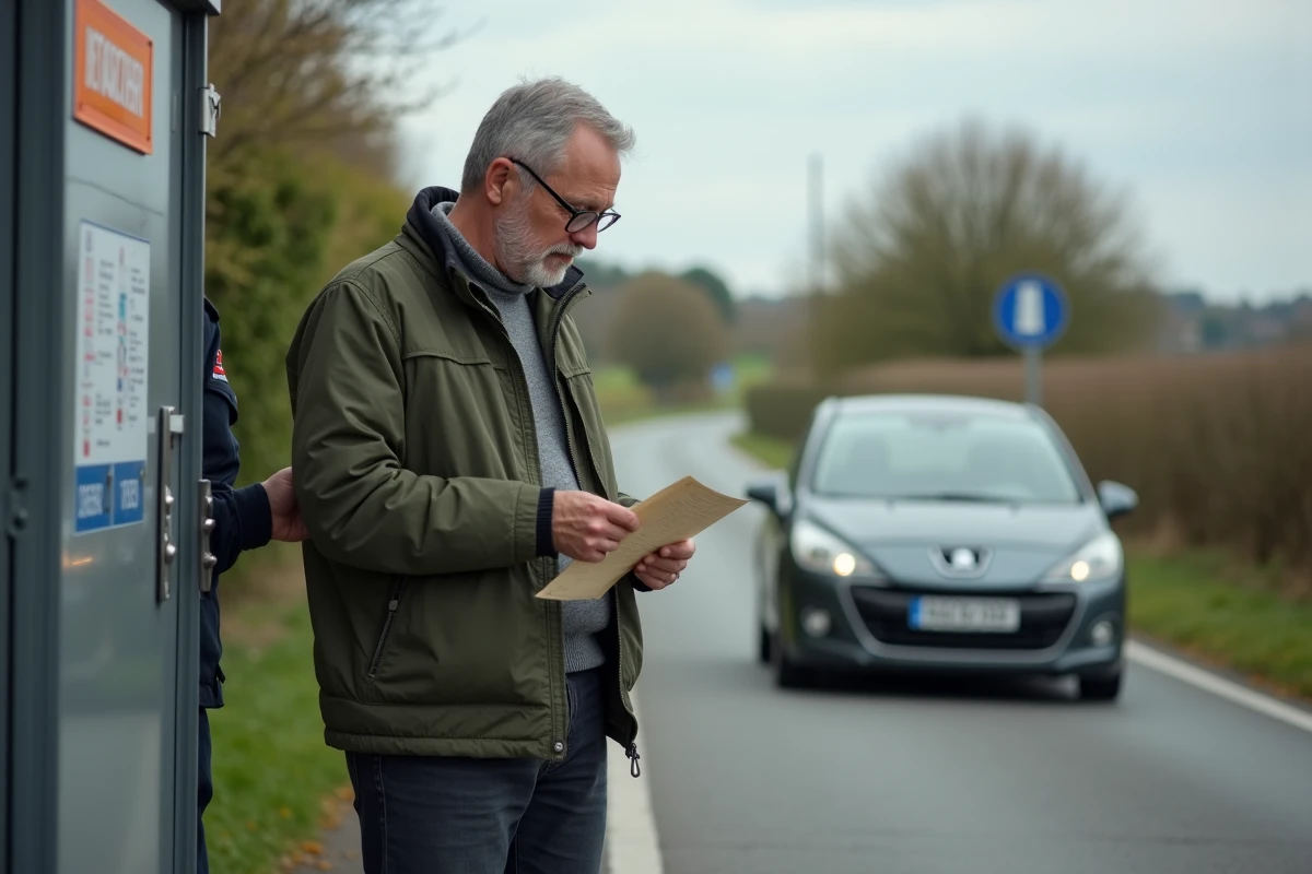 Automobiliste recevant une amende pour plaque d'immatriculation noire non conforme lors d'un contrôle routier