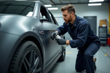 Technicien automobile appliquant un vernis mat en bombe sur la carrosserie d'une voiture gris graphite mat dans un atelier de carrosserie professionnel