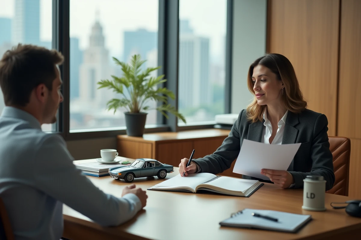Femme discutant d'un contrat d'assurance pour une BMW CSL avec un conseiller en agence