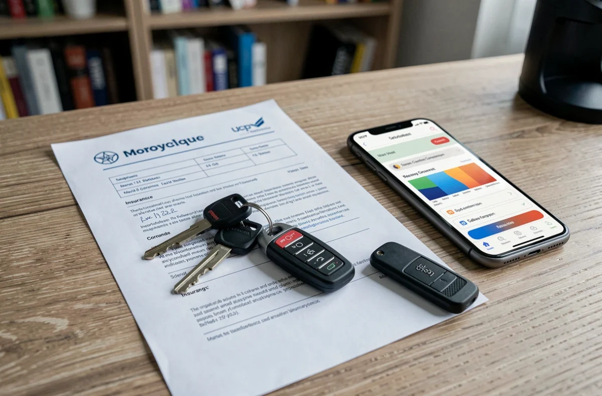 Documents d'assurance moto, clés et smartphone sur un bureau pour choisir une assurance jeune conducteur