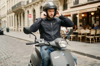 Homme préparant son scooter urbain gris mat dans une rue pavée parisienne, illustrant l'assurance au kilomètre pour scooter