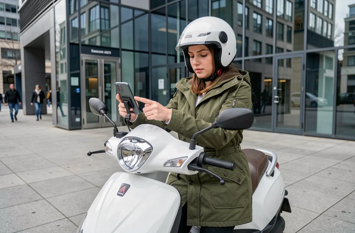 Femme consultant son téléphone sur un scooter blanc devant un bâtiment de bureaux moderne, représentant une utilisatrice d'assurance scooter au kilomètre