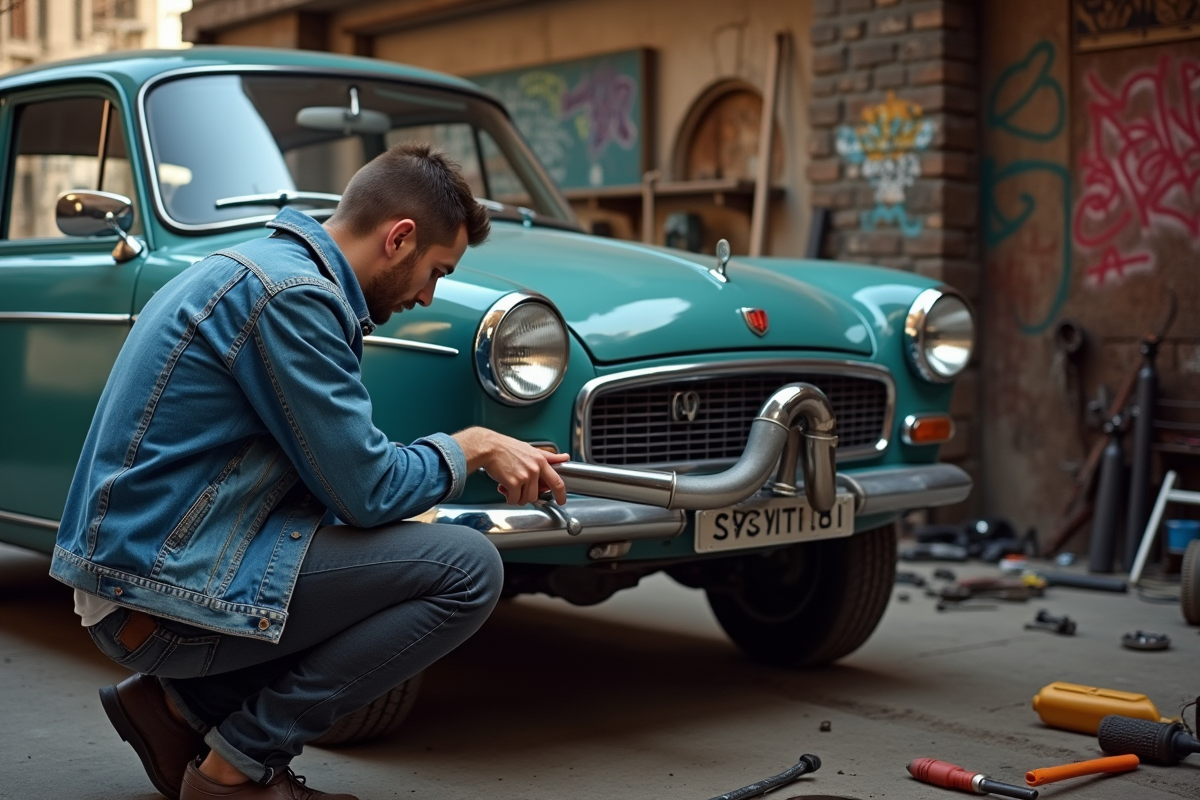 Jeune homme ajustant un échappement chrome sur une mobylette classique