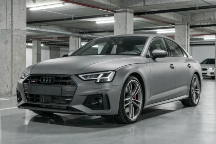 Audi en covering gris nardo mat garé dans un parking urbain en béton, vue 3/4 avant mettant en valeur la texture vinyle