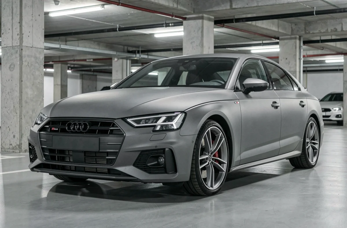 Audi en covering gris nardo mat garé dans un parking urbain en béton, vue 3/4 avant mettant en valeur la texture vinyle