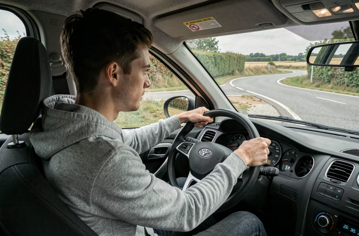 Élève de l'auto-école ECB à Laigné-en-Belin en train de négocier un rond-point sur une route de la Sarthe