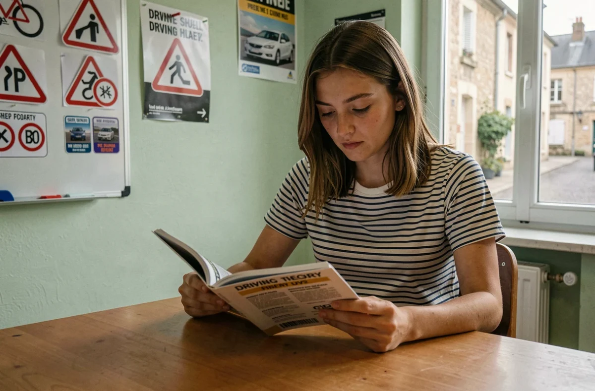Élève en révision du code de la route dans les locaux de l'auto-école Gallerand David à Mamers