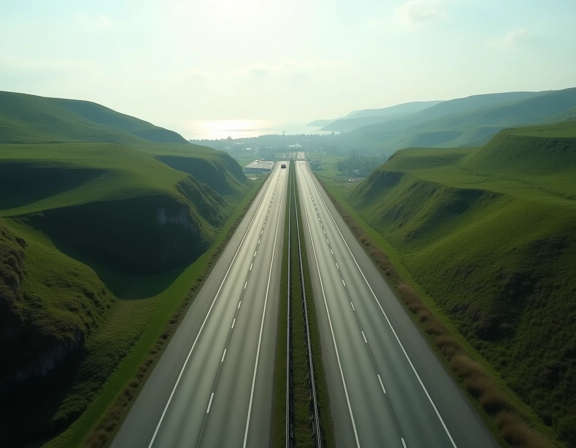 Vue aérienne d'une autoroute française traversant la campagne avec la mer visible à l'horizon