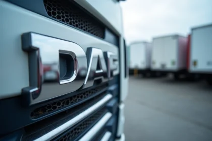 Gros plan sur le badge DAF chromé fixé sur la calandre d'un camion blanc dans un dépôt logistique européen