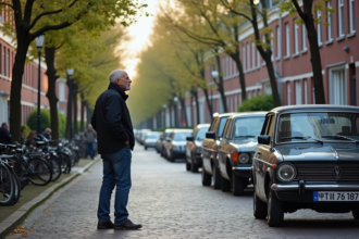 Homme belge devant sa voiture classique à Bruxelles