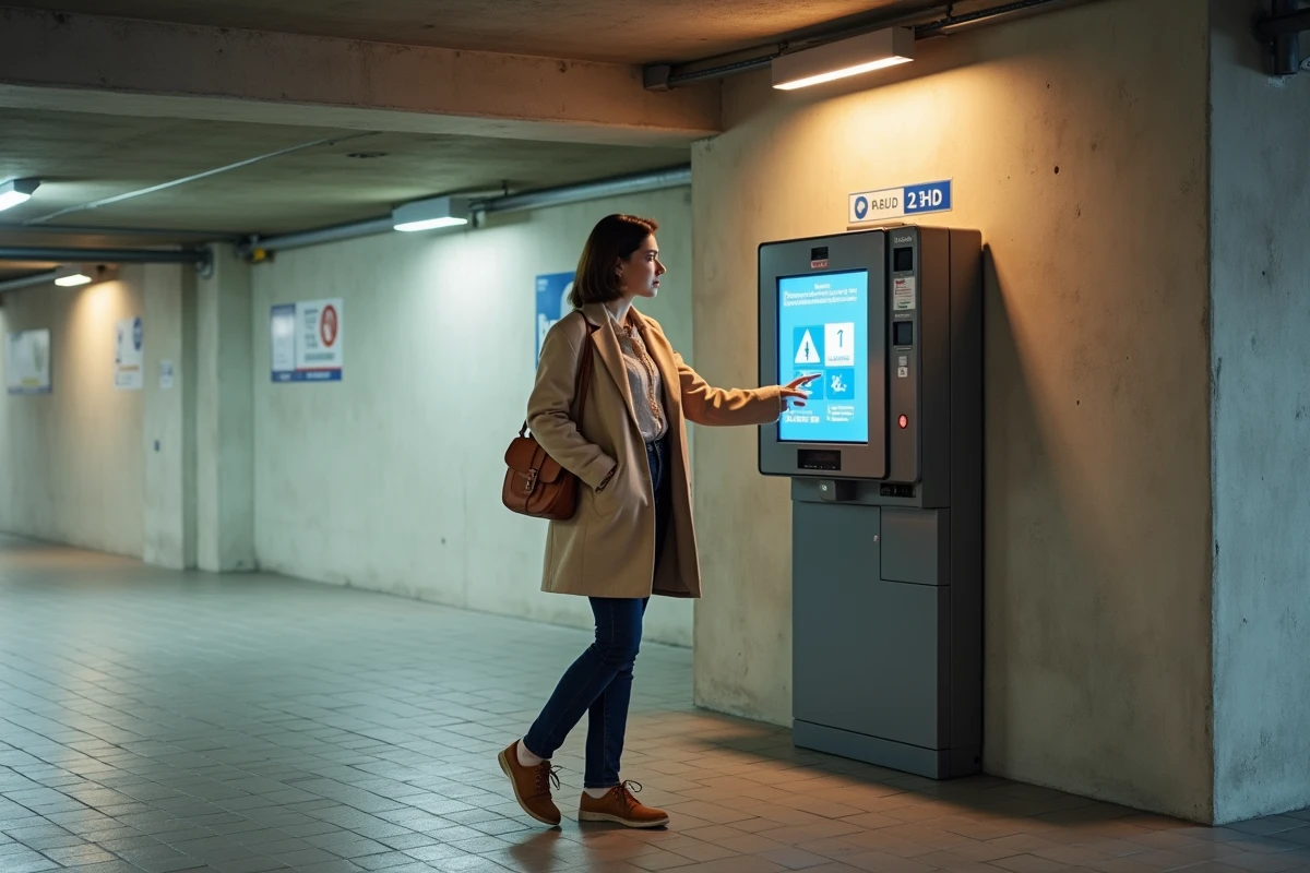 Usager payant son stationnement à une borne automatique dans un parking de Colmar