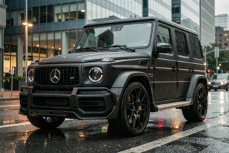 Brabus Mercedes-AMG G63 noire mate garée dans une rue urbaine sous la pluie avec kit carrosserie élargi et jantes Monoblock