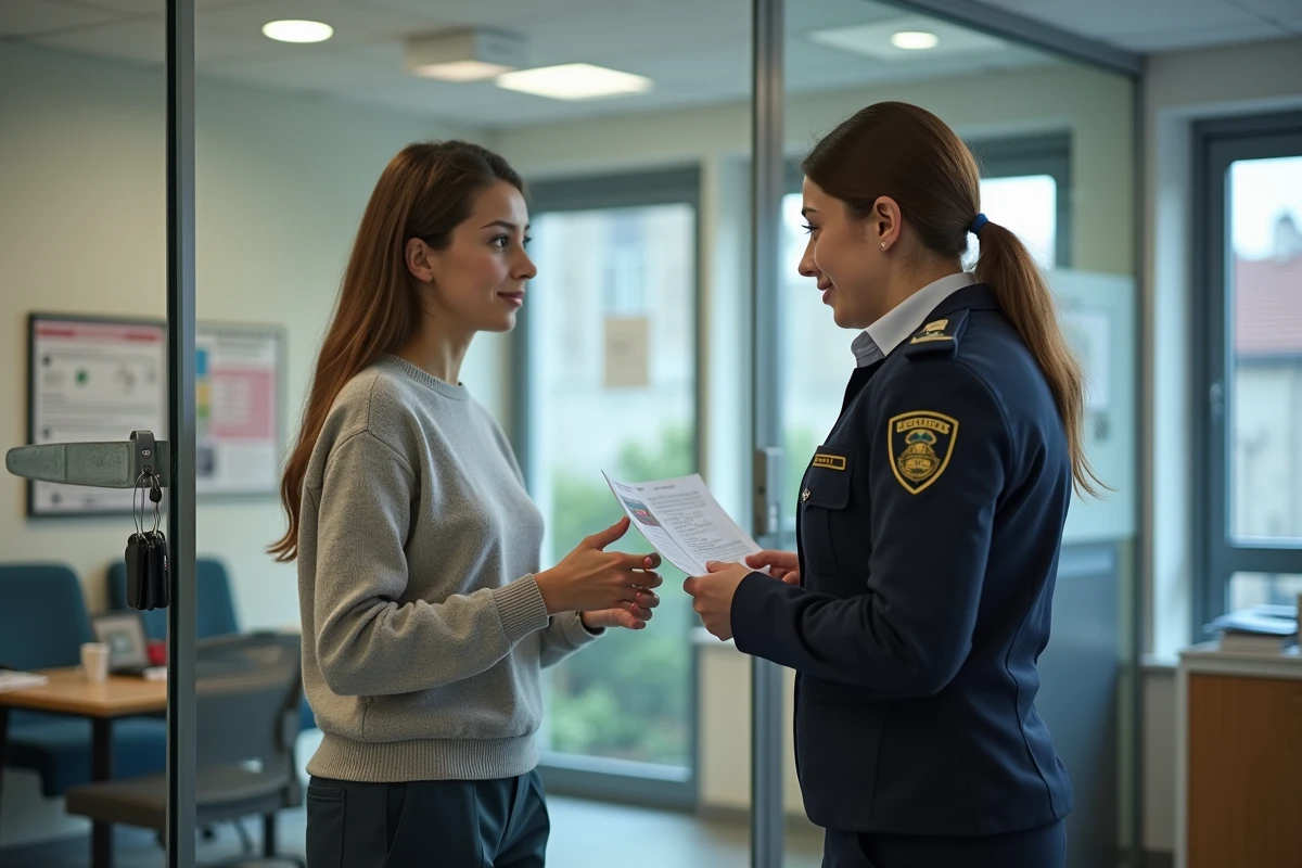 Jeune femme parlant à un agent dans un bureau municipal