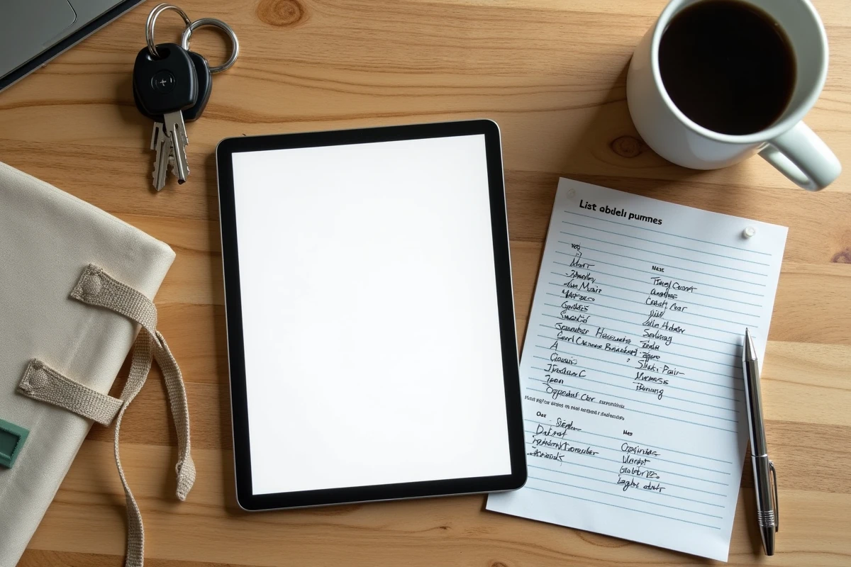 Vue aérienne d'un bureau avec tablette affichant une liste de voitures classées par lettre, carnet de notes et clés de voiture