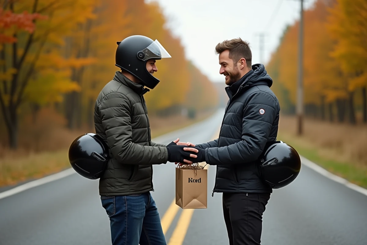 Deux motards échangeant un cadeau pas cher sur une route de campagne en automne