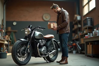 Homme motard en veste en cuir tenant un cadeau moto pas cher dans un garage urbain