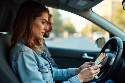 Femme calculant le coût d'essence d'un trajet en covoiturage sur son smartphone dans une voiture