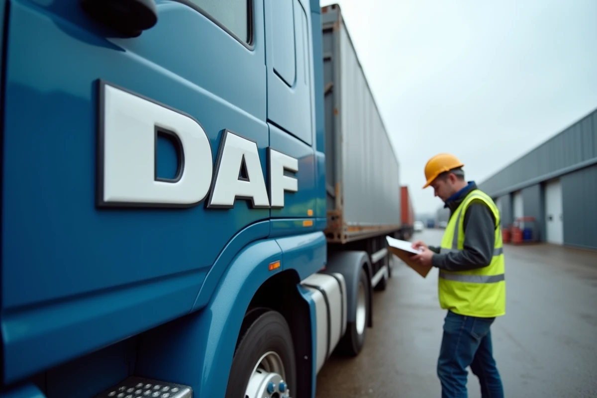 Camion DAF avec logo officiel sur la porte de la cabine dans un terminal de fret européen avec un chauffeur logistique