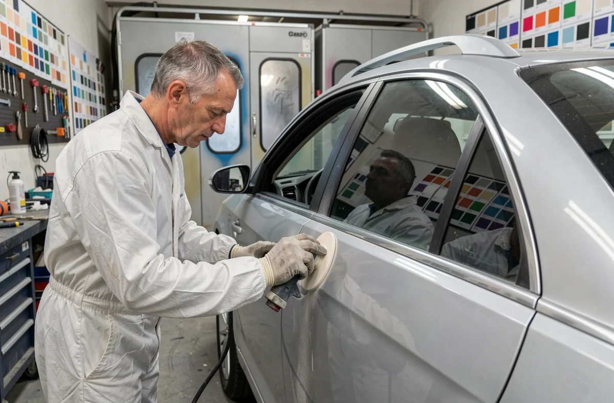 Technicien en combinaison blanche ponçant une carrosserie argentée dans l'atelier de la Carrosserie Dufour à Billère
