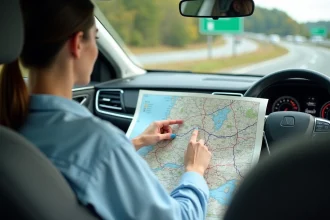 Femme consultant une carte routière des autoroutes françaises dans une voiture pour éviter les bouchons
