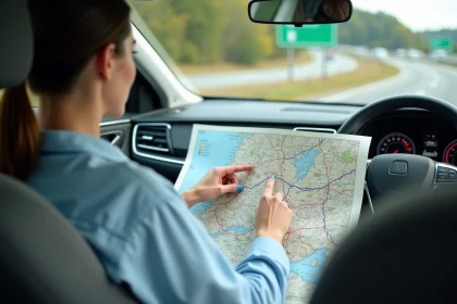 Femme consultant une carte routière des autoroutes françaises dans une voiture pour éviter les bouchons