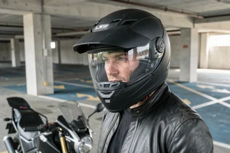 Motard portant un casque intégral LS2 noir mat dans un parking urbain, vue en trois quarts