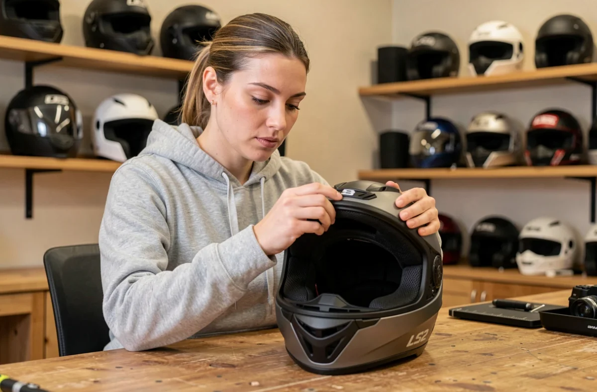 Femme inspectant l'intérieur d'un casque LS2 jet dans une boutique de moto, vue de face