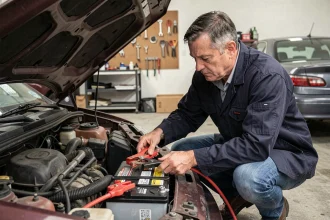 Homme branchant des câbles de démarrage sur une batterie de voiture dans un garage résidentiel