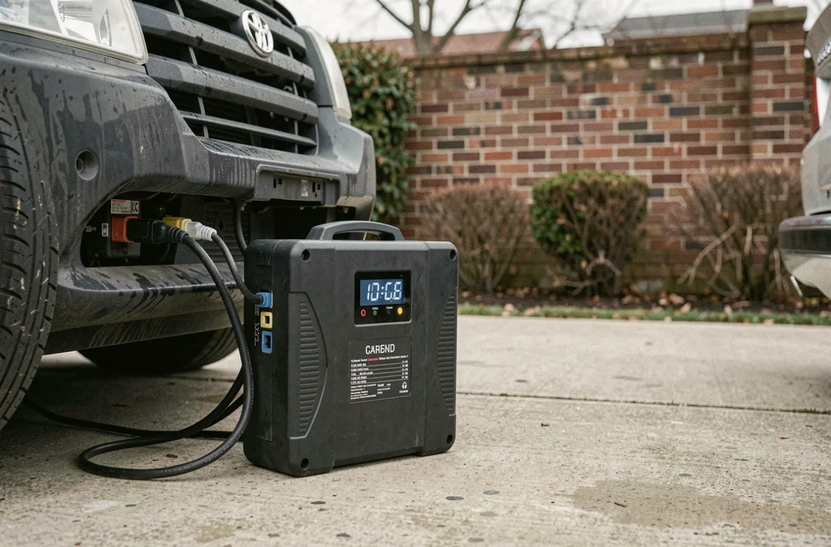 Chargeur de batterie portatif connecté à une voiture dans une allée résidentielle