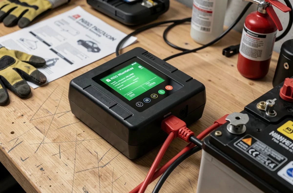 Chargeur de maintien batterie avec voyant LED vert et accessoires de sécurité sur établi en bois