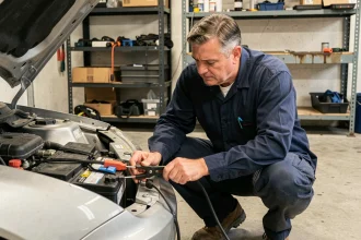 Homme connectant un chargeur de maintien à une batterie de voiture dans un garage résidentiel