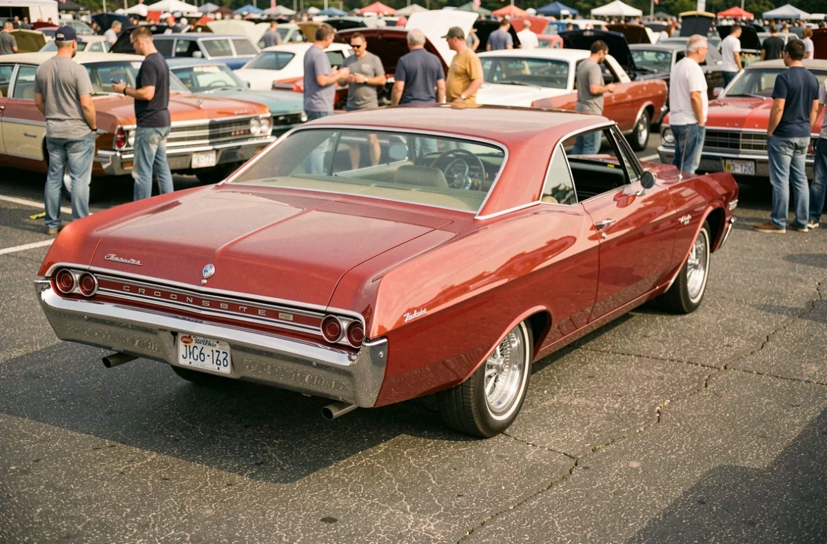 Chevrolet Impala rouge de 1965 lors d'un rassemblement de voitures classiques, vue trois quarts arrière avec feux ronds iconiques