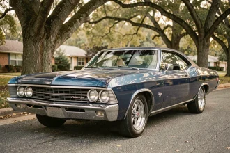 Chevrolet Impala classic des années 1960 en bleu métallique garé dans une rue résidentielle, vue trois quarts avant basse