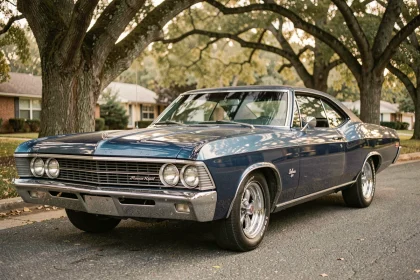 Chevrolet Impala classic des années 1960 en bleu métallique garé dans une rue résidentielle, vue trois quarts avant basse