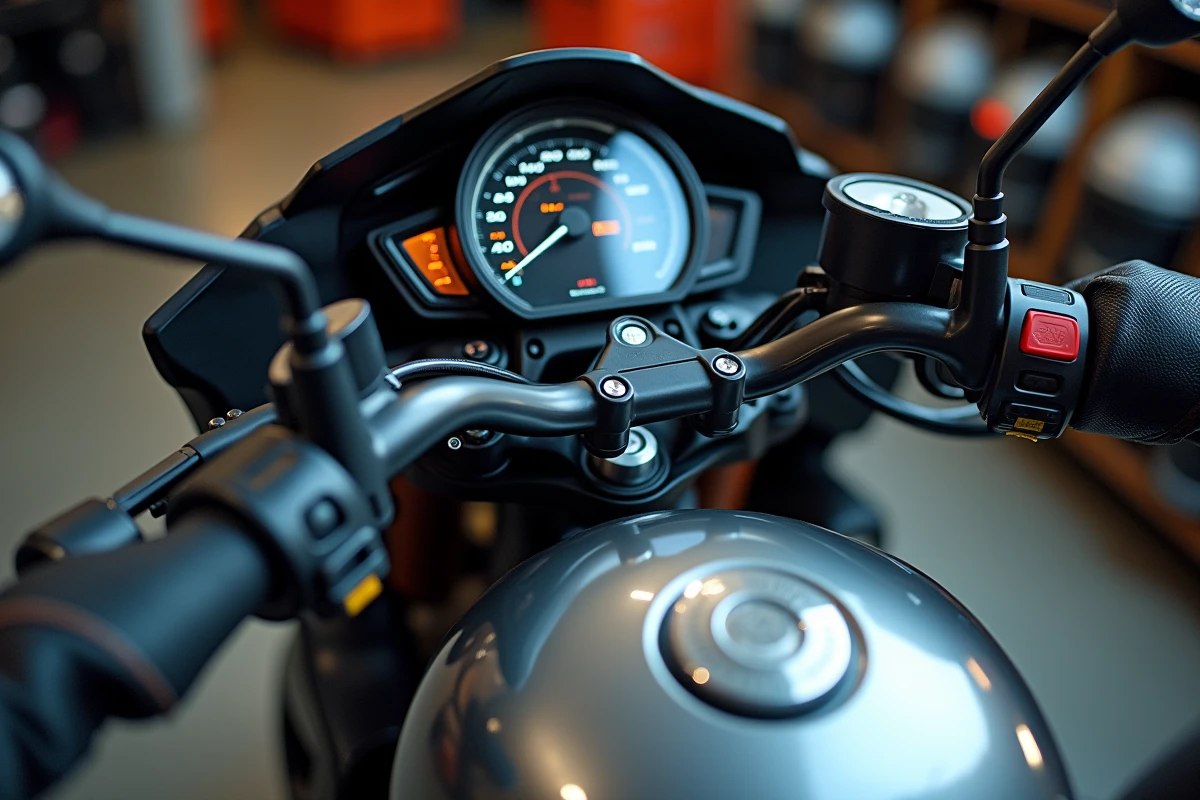 Gros plan sur le cockpit d'une moto puissante avec tableau de bord numérique, guidon et gant de débutant posé sur la poignée