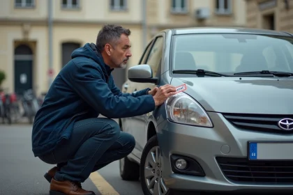 Homme collant une vignette Crit'Air sur le pare-brise de sa voiture dans un parking urbain à Rennes