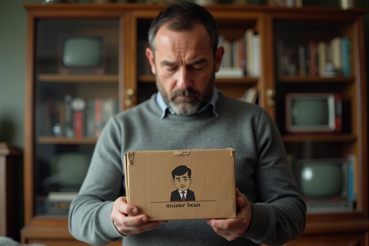 Collectionneur tenant une boîte de figurine édition limitée Mister Bean, examinant l'emballage vintage dans une salle dédiée aux collections de mémorabilias télévisuels