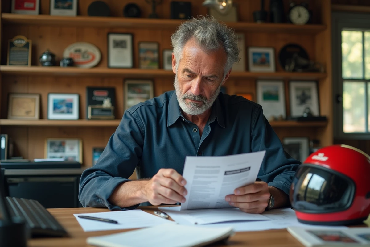 Collectionneur de motos consultant des documents d'assurance pour sa Honda XLV750R vintage