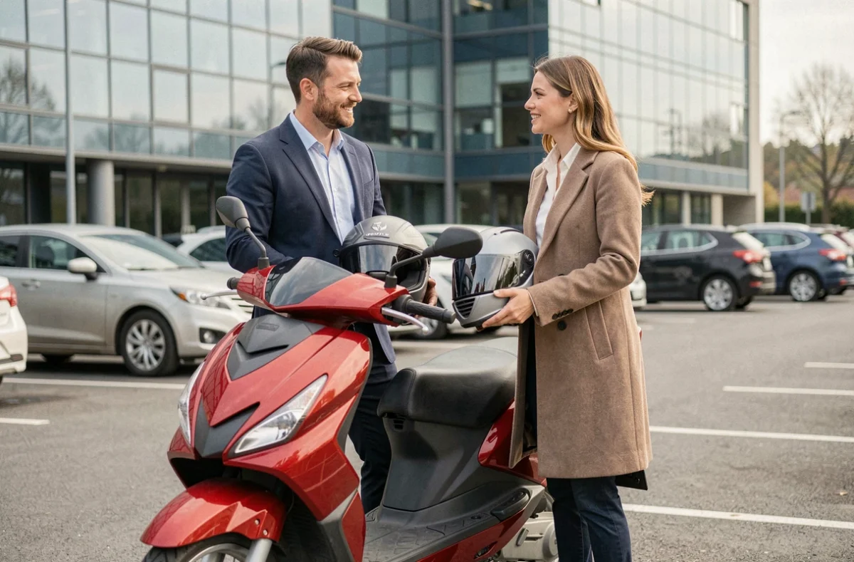 Deux collègues discutant près d'un scooter dans un parking d'entreprise, illustrant l'usage professionnel de l'assurance scooter au kilomètre