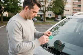 Homme collant une vignette d'assurance verte sur le pare-brise de sa voiture dans un parking
