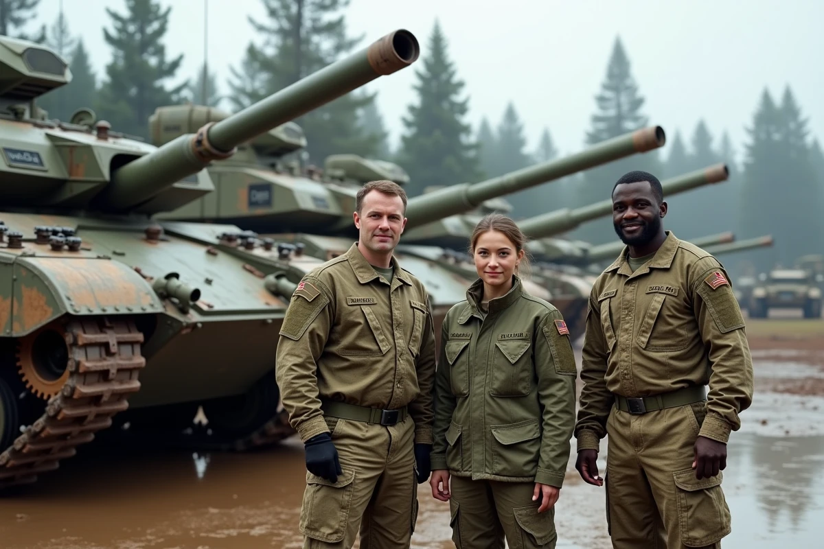 Trois commandants de tanks modernes devant leurs véhicules