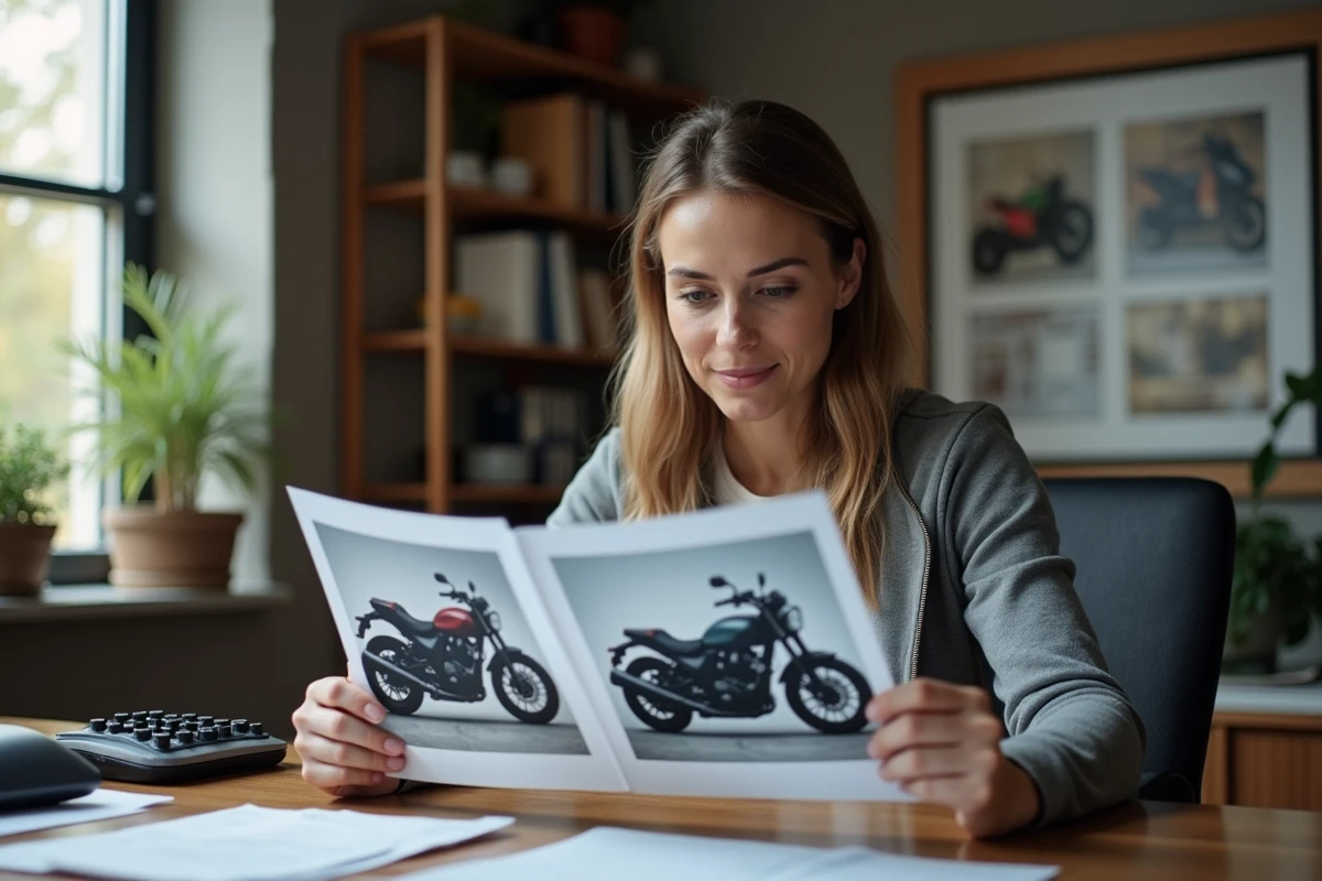 Femme comparant des photos avant-après de carénage moto pour évaluer l'impact sur la valeur de revente