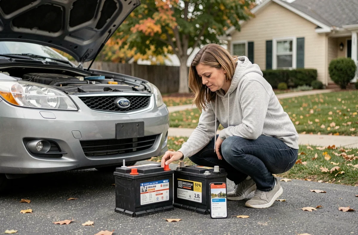 Femme comparant deux batteries de voiture pas chères dans une allée résidentielle avec son smartphone