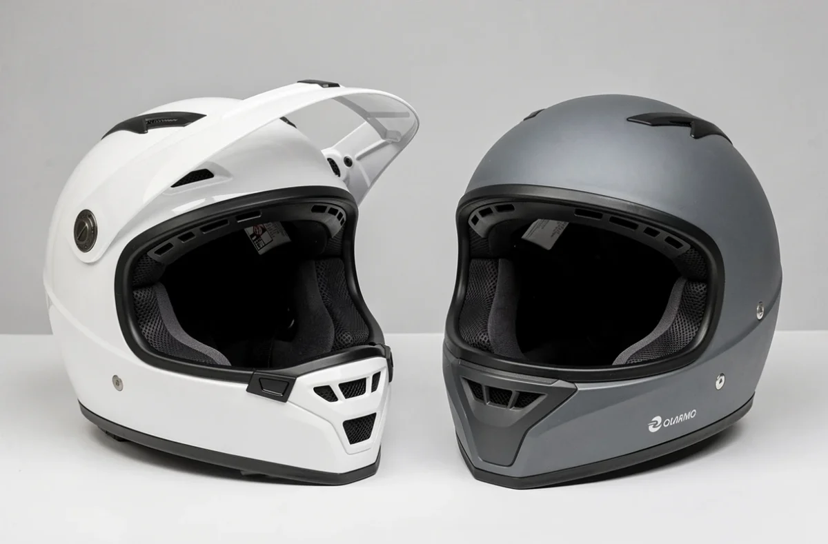 Comparaison de deux casques moto dont un casque modulable LS2 blanc posé sur fond neutre en vue trois quarts